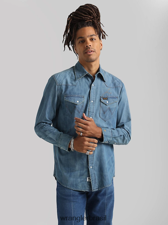 Wrangler 20x competição avançada conforto camisa de manga longa com estampa ocidental azul azul (112324833) homens roupas 00LN6N481