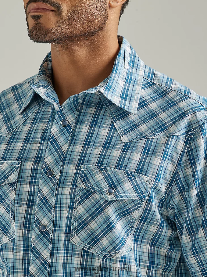 Wrangler 20x competição avançada conforto manga curta ocidental snap camisa xadrez de dois bolsos cheque pacífico (112327806) homens roupas 00LN6N453