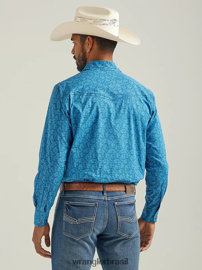 Wrangler 20x competição avançada conforto manga longa camisa ocidental com estampa de pressão azul azul (112324831) homens roupas 00LN6N485