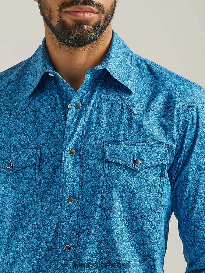 Wrangler 20x competição avançada conforto manga longa camisa ocidental com estampa de pressão azul azul (112324831) homens roupas 00LN6N485