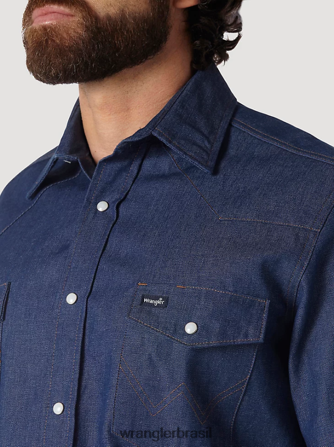 Wrangler Camisa de manga comprida em jeans rígido ocidental com corte de cowboy índigo rígido (70127mw) homens roupas 00LN6N439