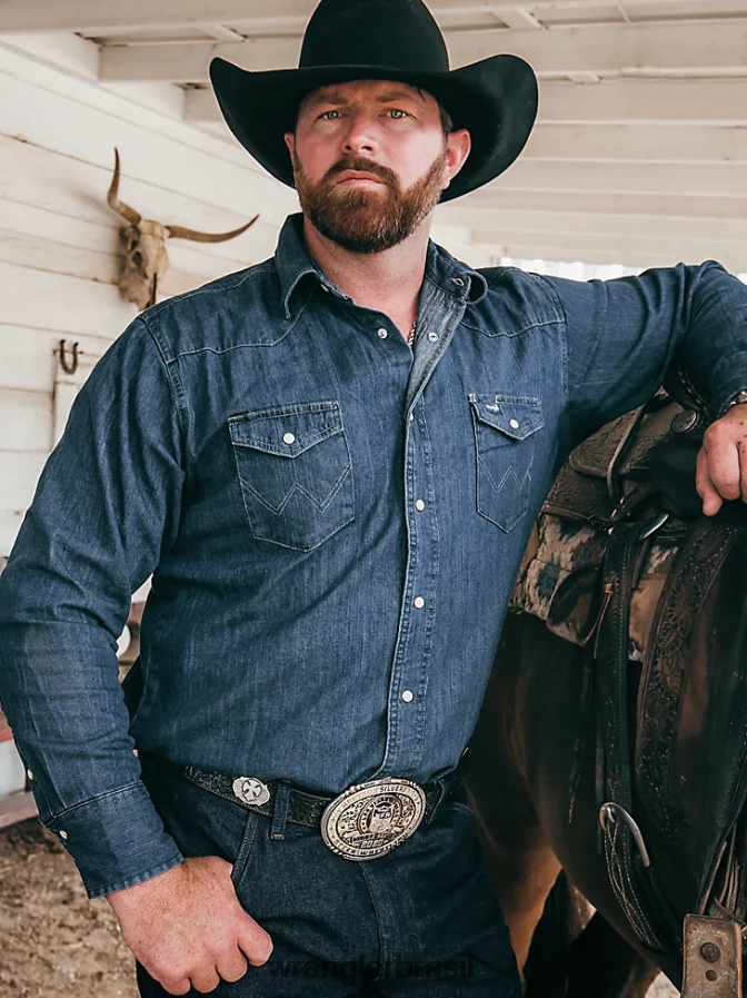 Wrangler Camisa de trabalho jeans ocidental de manga comprida com corte cowboy jeans escuro (ms1041d) homens roupas 00LN6N406
