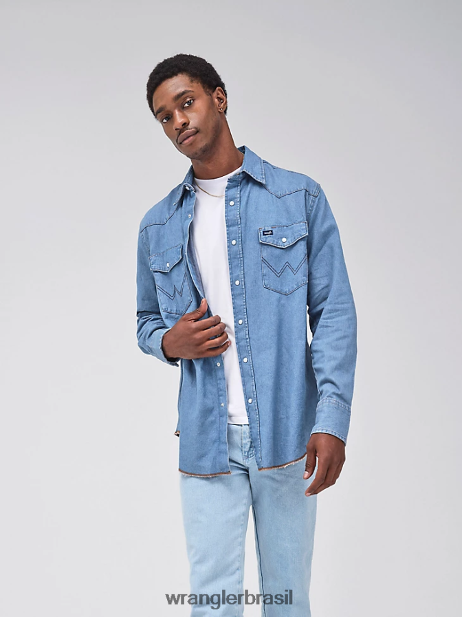 Wrangler Camisa de trabalho jeans ocidental de manga comprida com corte cowboy lavagem de pedras (70127sw) homens roupas 00LN6N407