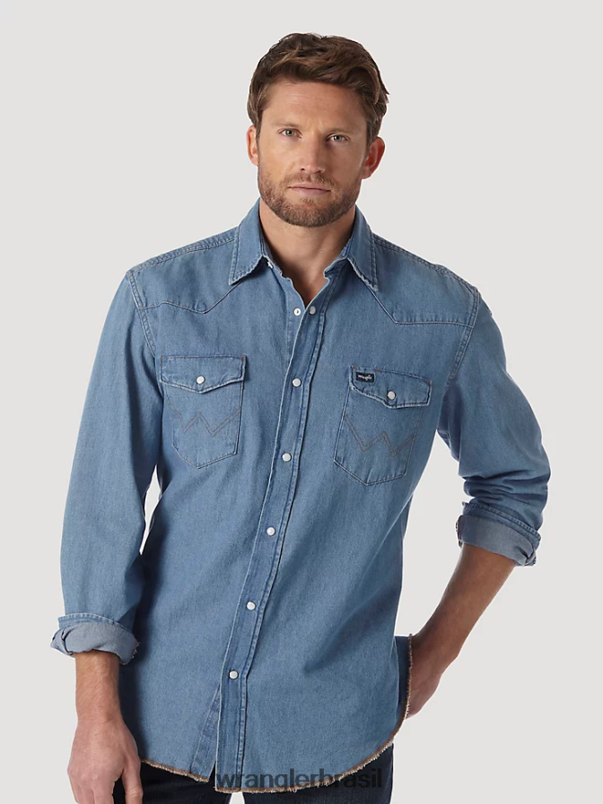 Wrangler Camisa de trabalho jeans ocidental de manga comprida com corte cowboy lavagem de pedras (70127sw) homens roupas 00LN6N407