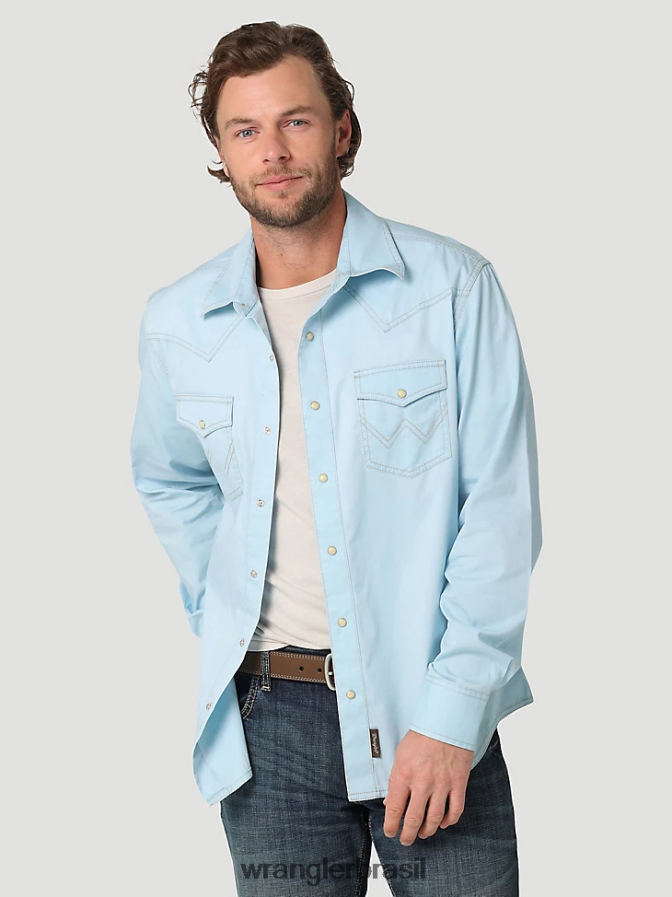 Wrangler Camisa sólida retrô com acabamento contrastante ocidental com aba e bolso azul legal (112324804) homens roupas 00LN6N455