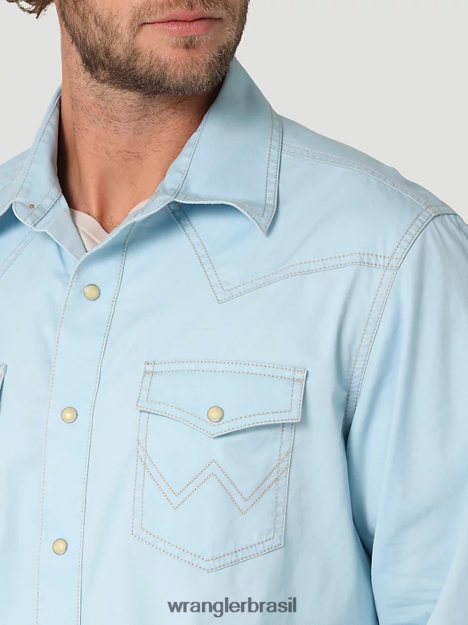 Wrangler Camisa sólida retrô com acabamento contrastante ocidental com aba e bolso azul legal (112324804) homens roupas 00LN6N455