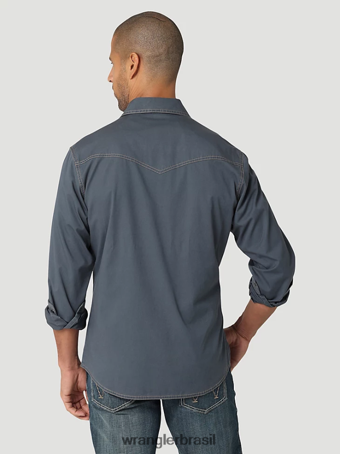 Wrangler Camisa sólida retrô com acabamento contrastante ocidental com aba e bolso ombre azul (112324845) homens roupas 00LN6N456