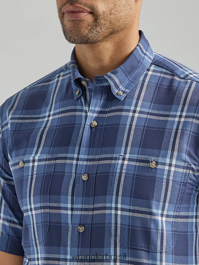 Wrangler Camisa xadrez de botão com manga curta e fácil cuidado azul profundo (112325041) homens roupas 00LN6N342