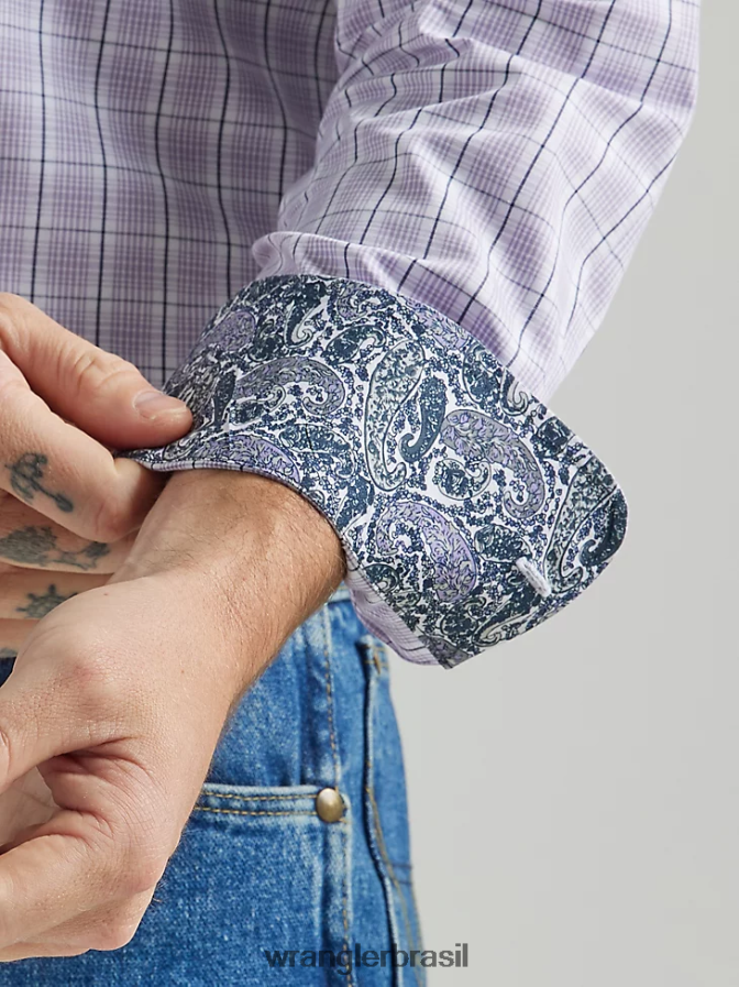 Wrangler George Strait camisa xadrez de manga comprida com dois bolsos e botões lilás (112324814) homens roupas 00LN6N324