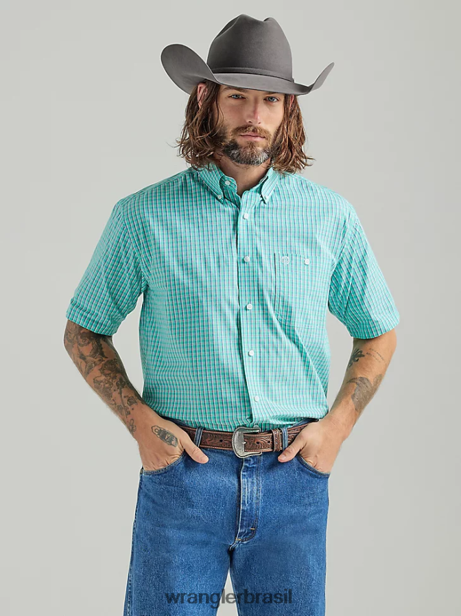 Wrangler George Strait camisa xadrez de manga curta com 1 bolso e botão verde-azulado (112324874) homens roupas 00LN6N307