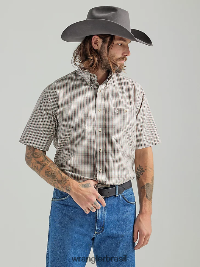 Wrangler George Strait camisa xadrez de manga curta com 1 bolso e botão vermelho oliva (112324873) homens roupas 00LN6N306