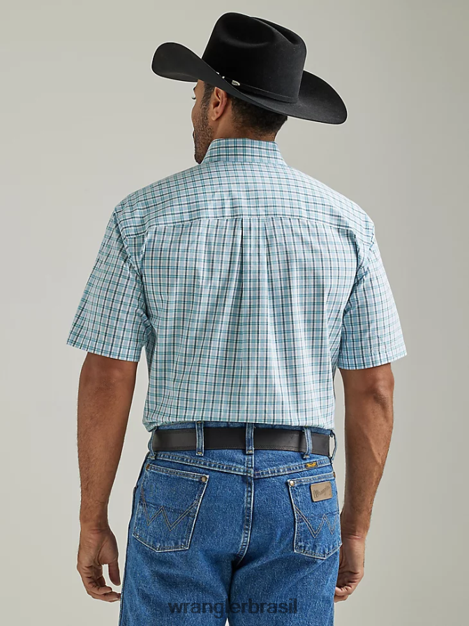 Wrangler George Strait camisa xadrez de manga curta com 1 bolso e botão xadrez aqua verdadeiro (112327820) homens roupas 00LN6N309