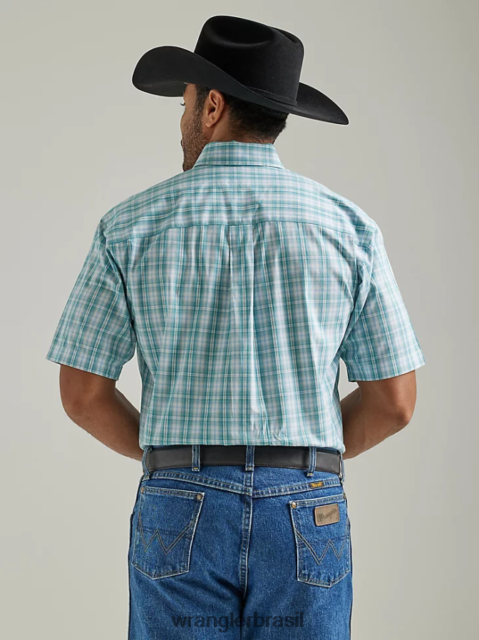 Wrangler George Strait camisa xadrez de manga curta com 2 bolsos e botões xadrez aqua verdadeiro (112327822) homens roupas 00LN6N335
