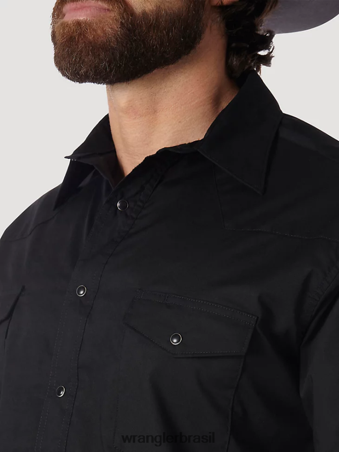 Wrangler camisa de pressão ocidental - broadcloth sólido de manga comprida preto (71105bk) homens roupas 00LN6N450