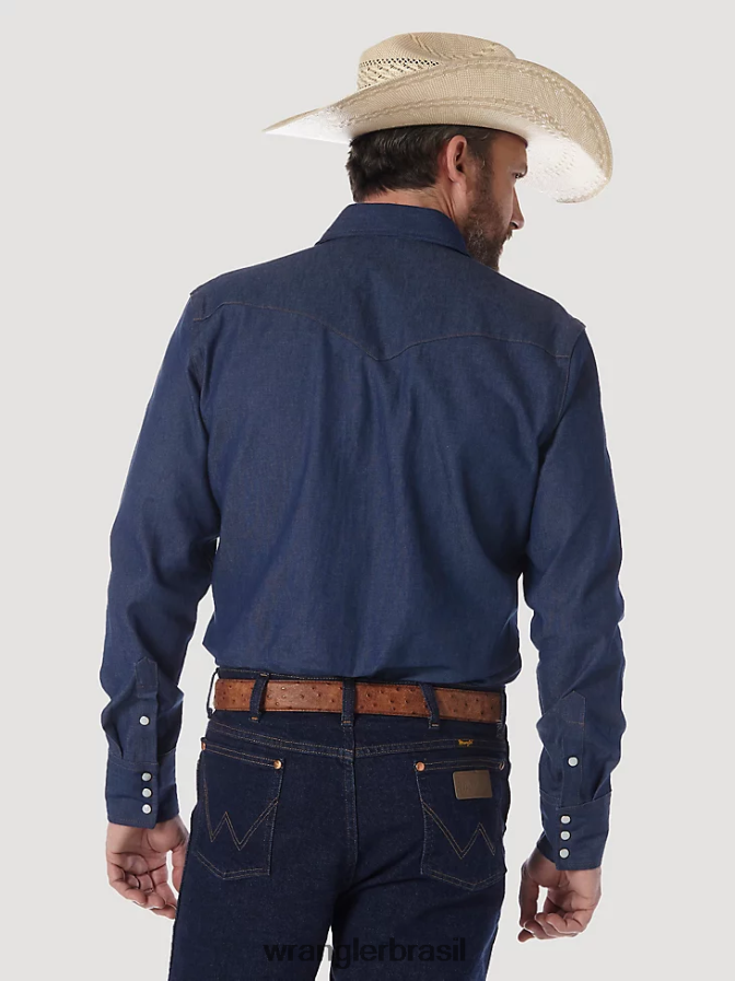 Wrangler camisa de trabalho sólida com corte cowboy e acabamento firme manga longa ocidental azul (ms70119) homens roupas 00LN6N420