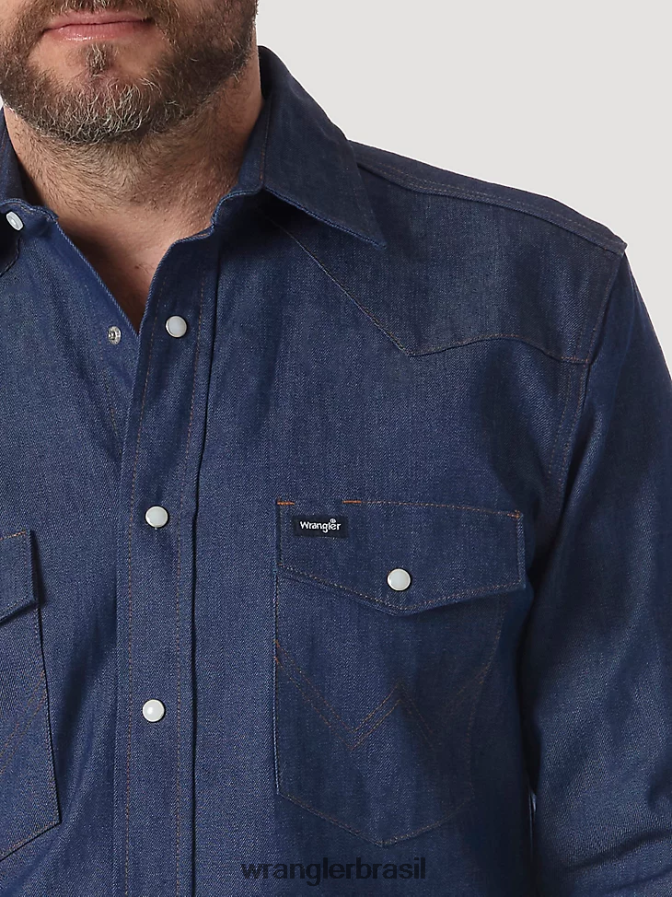 Wrangler camisa de trabalho sólida com corte cowboy e acabamento firme manga longa ocidental azul (ms70119) homens roupas 00LN6N420