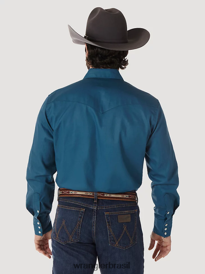 Wrangler camisa de trabalho sólida com corte cowboy e acabamento firme manga longa ocidental azul-petróleo escuro (ms71419) homens roupas 00LN6N421
