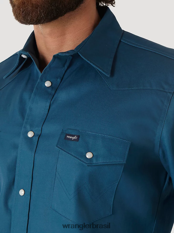 Wrangler camisa de trabalho sólida com corte cowboy e acabamento firme manga longa ocidental azul-petróleo escuro (ms71419) homens roupas 00LN6N421