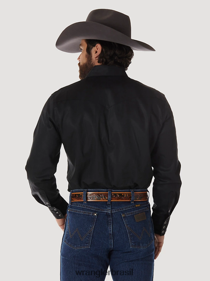 Wrangler camisa de trabalho sólida com corte cowboy e acabamento firme manga longa ocidental preto (ms70819) homens roupas 00LN6N425