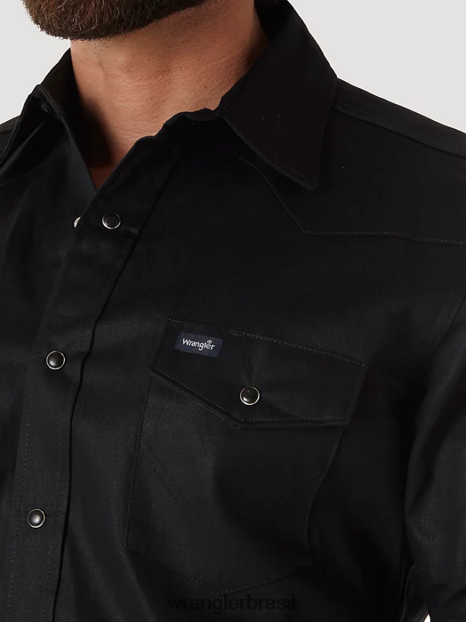 Wrangler camisa de trabalho sólida com corte cowboy e acabamento firme manga longa ocidental preto (ms70819) homens roupas 00LN6N425