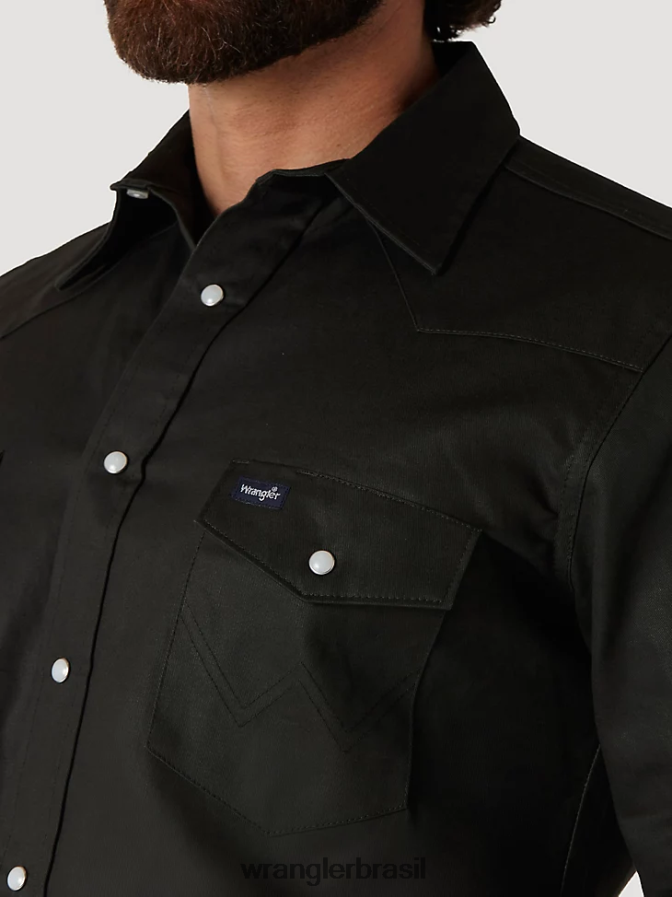 Wrangler camisa de trabalho sólida com corte cowboy e acabamento firme manga longa ocidental verde floresta negra (ms70519) homens roupas 00LN6N424