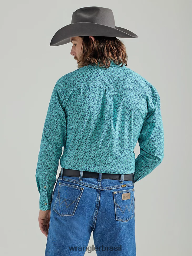 Wrangler camisa george strait manga longa com dois bolsos e estampa de botões flores verde-azuladas (112324889) homens roupas 00LN6N368
