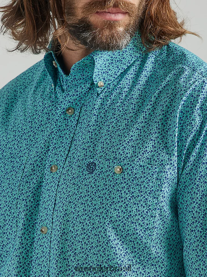 Wrangler camisa george strait manga longa com dois bolsos e estampa de botões flores verde-azuladas (112324889) homens roupas 00LN6N368