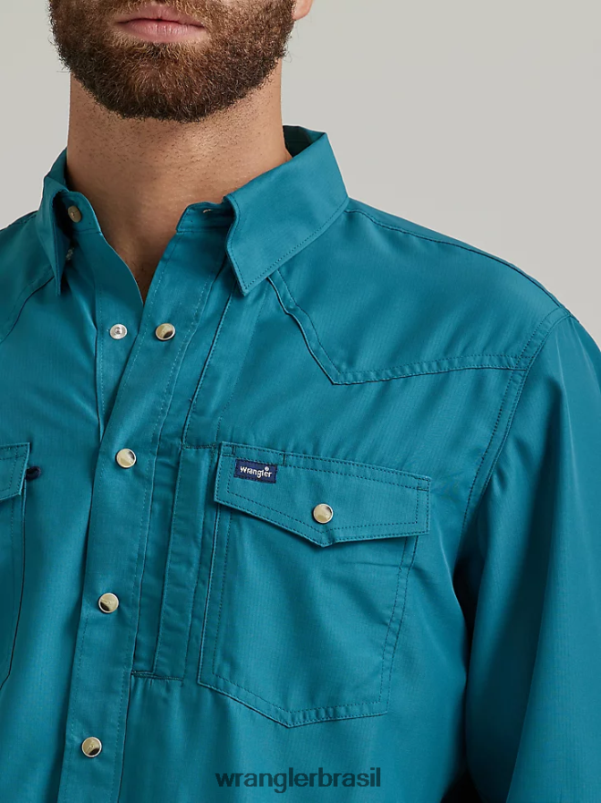 Wrangler camisa lisa de manga comprida com pressão de desempenho verde-azulado profundo (112326173) homens roupas 00LN6N433