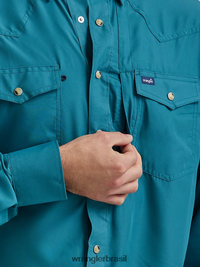 Wrangler camisa lisa de manga comprida com pressão de desempenho verde-azulado profundo (112326173) homens roupas 00LN6N433