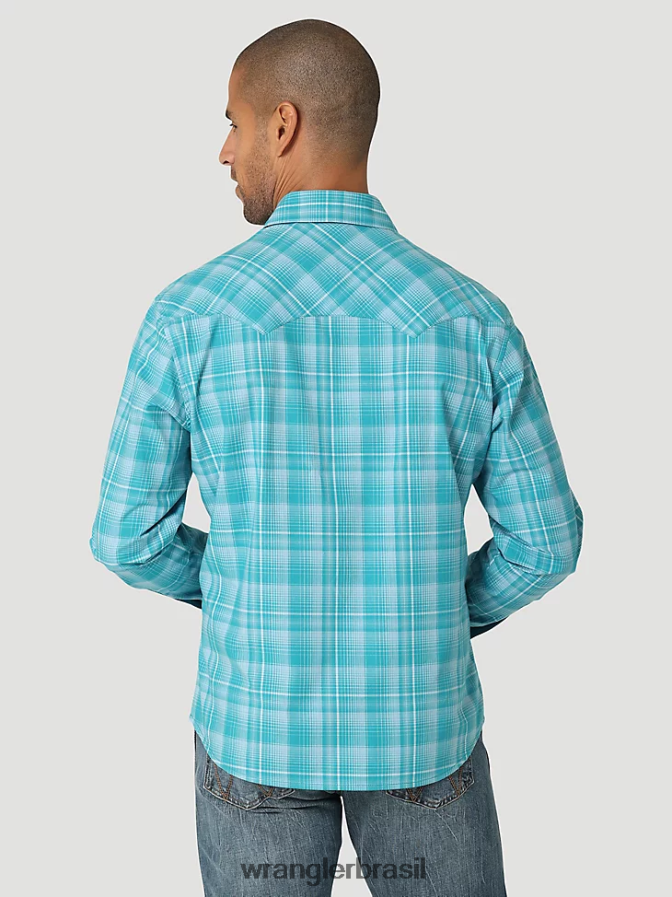 Wrangler camisa ocidental retrô de manga comprida com bolso dente de serra azul-petróleo (112324670) homens roupas 00LN6N693