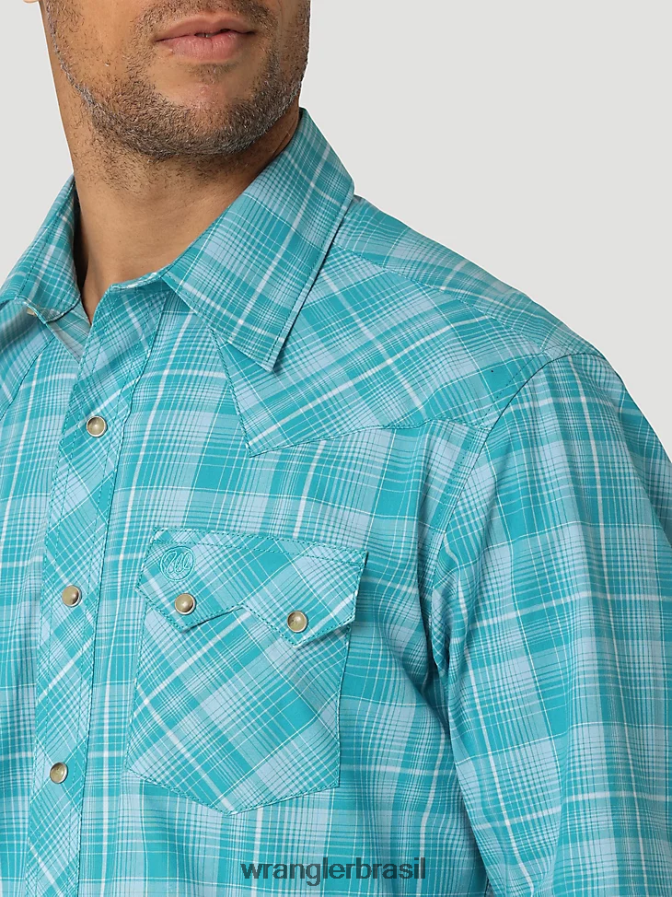Wrangler camisa ocidental retrô de manga comprida com bolso dente de serra azul-petróleo (112324670) homens roupas 00LN6N693