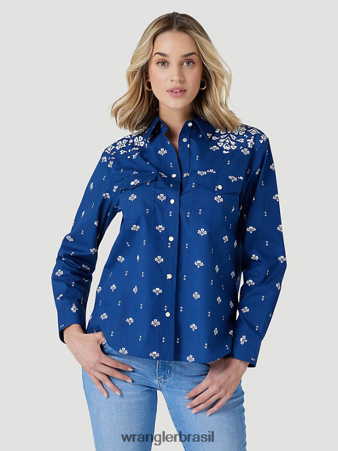 Wrangler camisa retrô americana bandana western snap impressão azul (112327260) mulheres roupas 00LN6N883