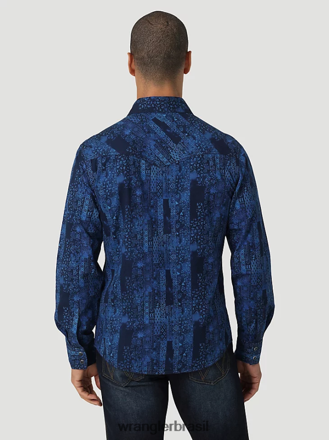 Wrangler camisa retrô premium com estampa de botão e manga comprida bandana azul (112327791) homens roupas 00LN6N427