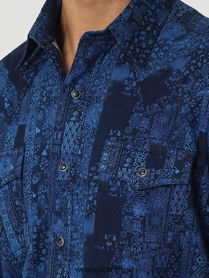 Wrangler camisa retrô premium com estampa de botão e manga comprida bandana azul (112327791) homens roupas 00LN6N427