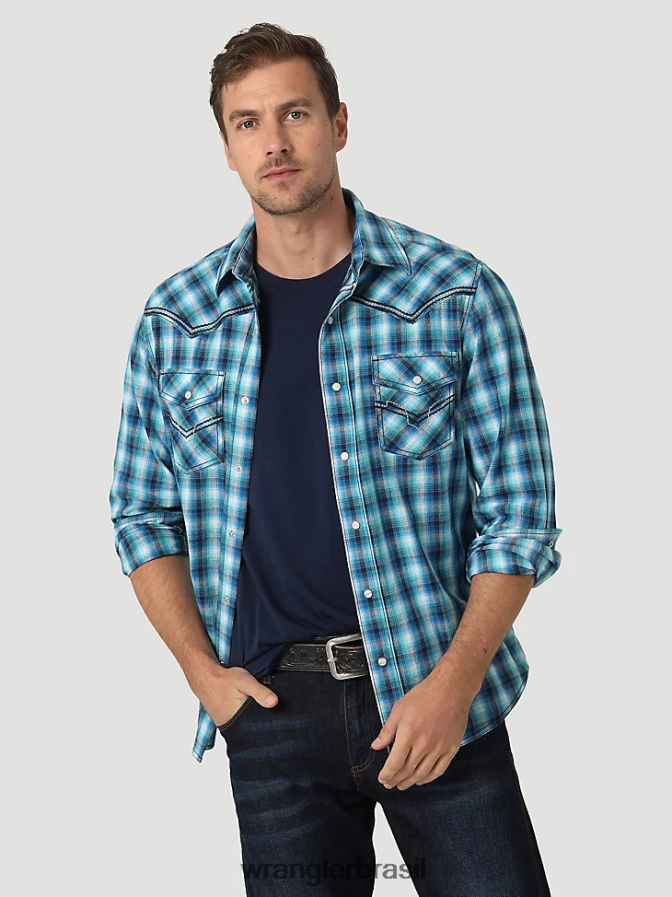 Wrangler camisa retrô premium com estampa de botão e manga comprida toile azul (112327790) homens roupas 00LN6N426