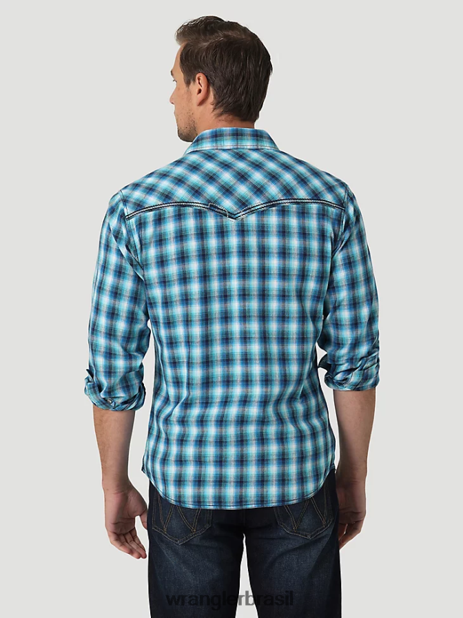 Wrangler camisa retrô premium com estampa de botão e manga comprida toile azul (112327790) homens roupas 00LN6N426
