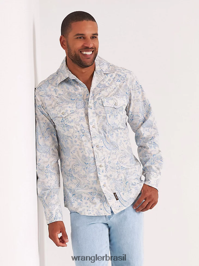 Wrangler camisa retrô premium com estampa de botão e manga comprida toile azul (112327790) homens roupas 00LN6N426