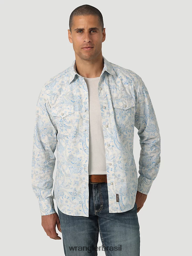 Wrangler camisa retrô premium com estampa de botão e manga comprida toile azul (112327790) homens roupas 00LN6N426