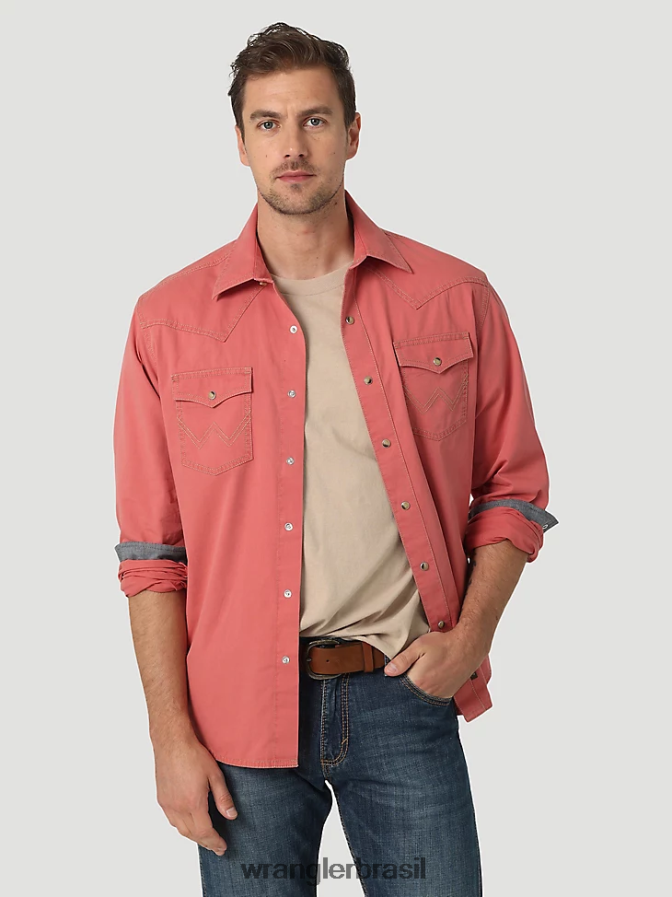 Wrangler camisa sólida retrô premium de manga comprida com botões pomelo vermelho (112327788) homens roupas 00LN6N304
