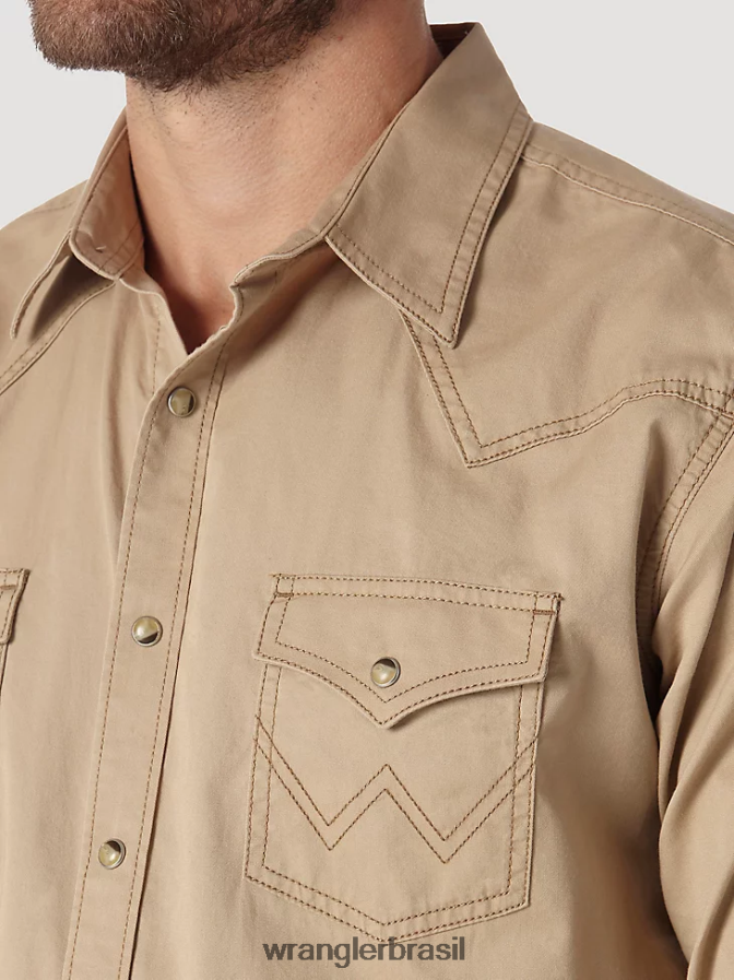 Wrangler camisa western com dois bolsos com aba de pressão com acabamento contrastante bronzeado (mvr502t) homens roupas 00LN6N437