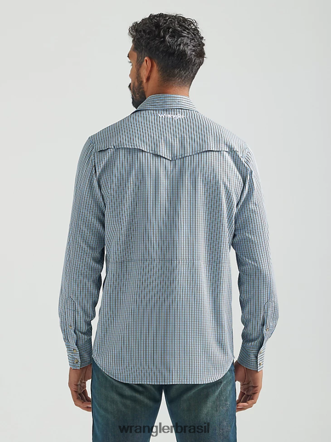 Wrangler camisa xadrez de manga comprida com pressão de desempenho cinza azulado (112326154) homens roupas 00LN6N436