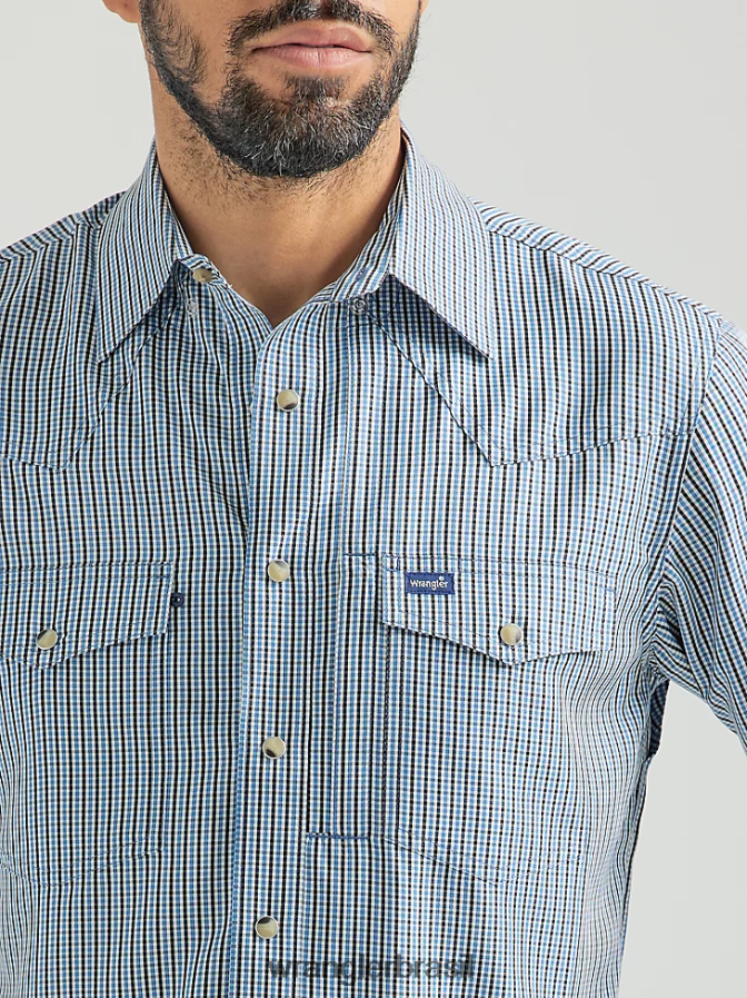 Wrangler camisa xadrez de manga comprida com pressão de desempenho cinza azulado (112326154) homens roupas 00LN6N436