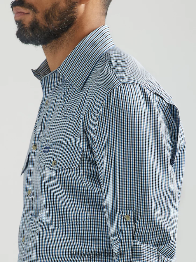 Wrangler camisa xadrez de manga comprida com pressão de desempenho cinza azulado (112326154) homens roupas 00LN6N436