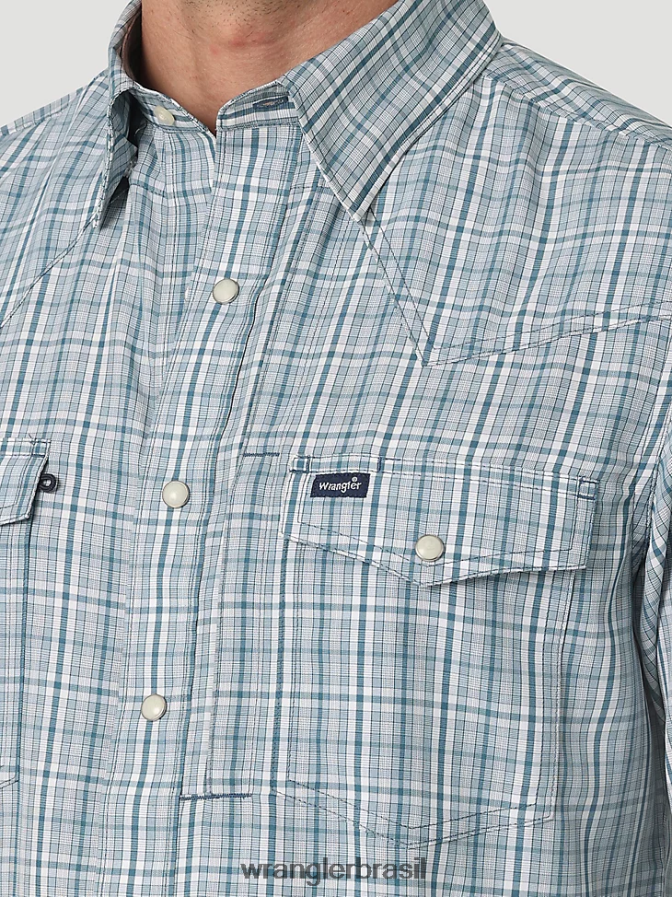 Wrangler camisa xadrez de manga comprida com pressão de desempenho xadrez azul-petróleo (112326180) homens roupas 00LN6N434