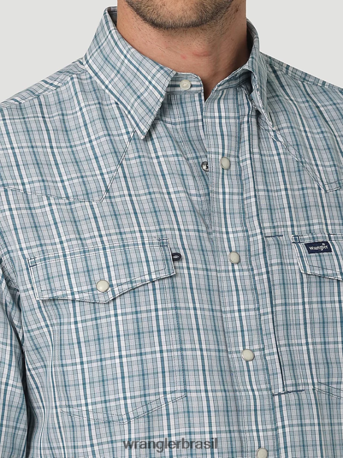 Wrangler camisa xadrez de manga comprida com pressão de desempenho xadrez azul-petróleo (112326180) homens roupas 00LN6N434