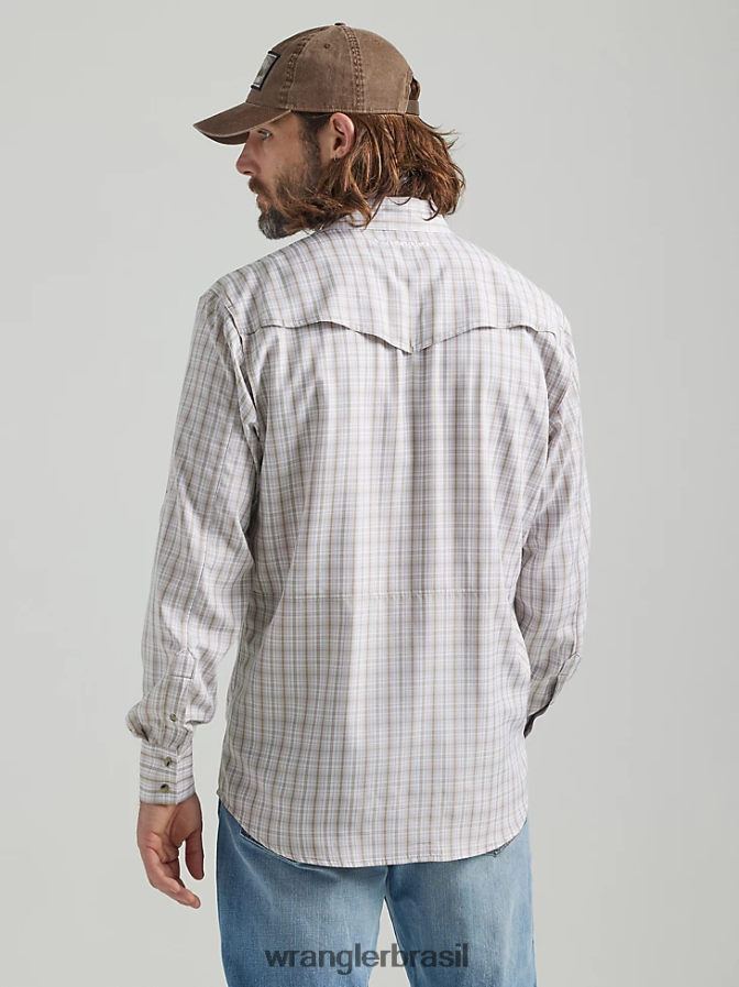 Wrangler camisa xadrez de manga comprida com pressão de desempenho xadrez bege (112326185) homens roupas 00LN6N435