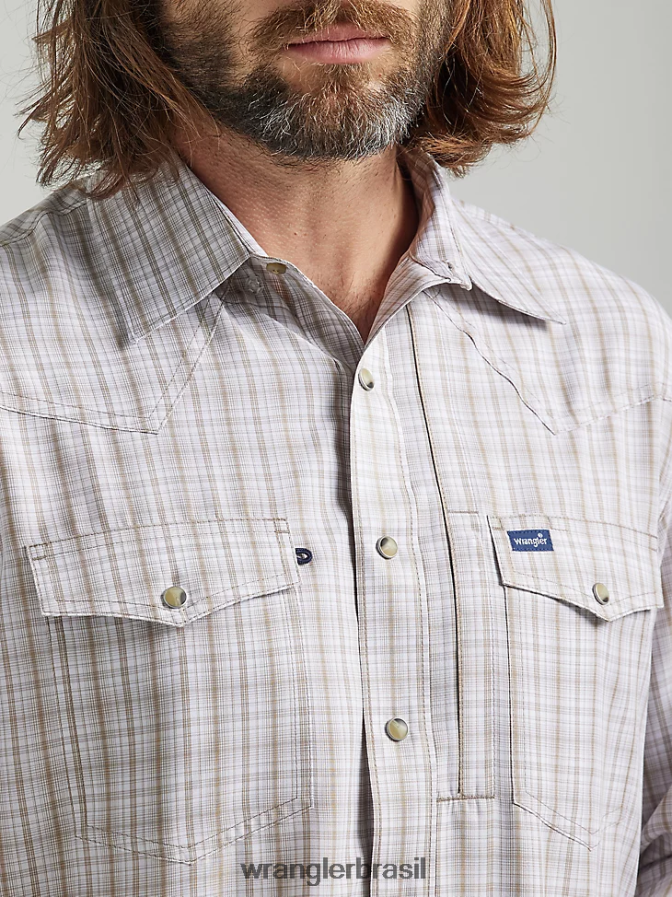 Wrangler camisa xadrez de manga comprida com pressão de desempenho xadrez bege (112326185) homens roupas 00LN6N435