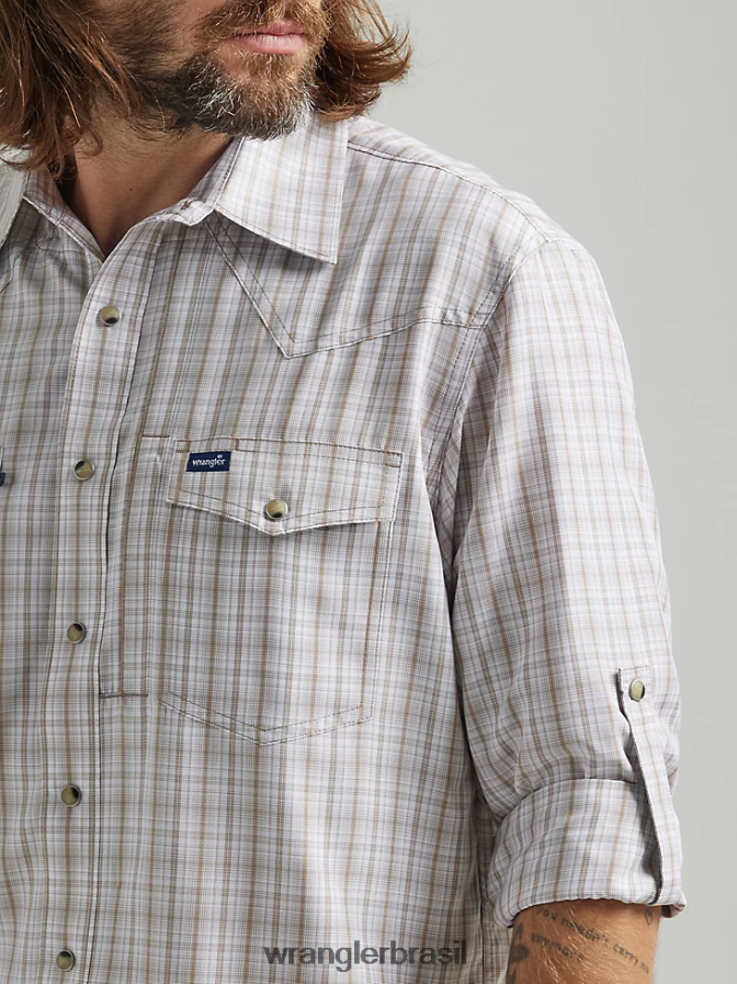 Wrangler camisa xadrez de manga comprida com pressão de desempenho xadrez bege (112326185) homens roupas 00LN6N435