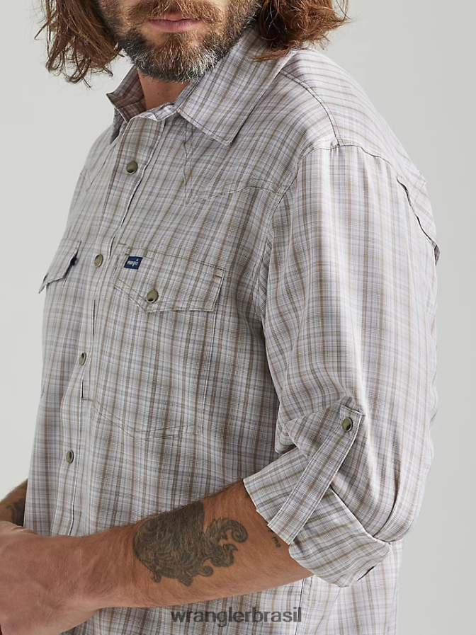 Wrangler camisa xadrez de manga comprida com pressão de desempenho xadrez bege (112326185) homens roupas 00LN6N435