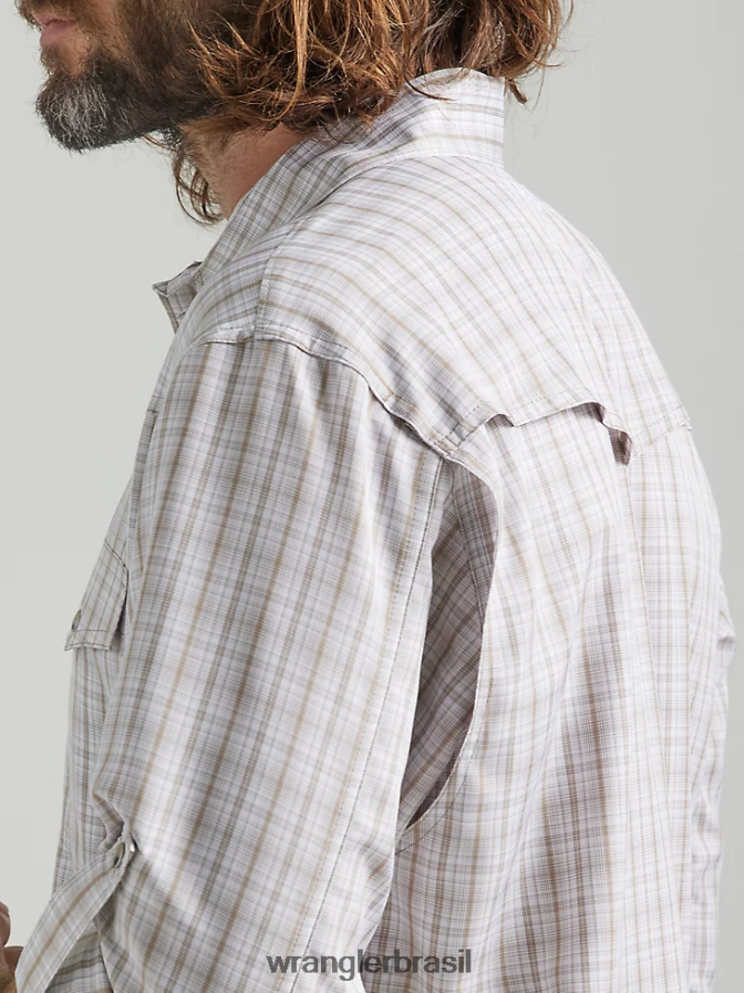 Wrangler camisa xadrez de manga comprida com pressão de desempenho xadrez bege (112326185) homens roupas 00LN6N435